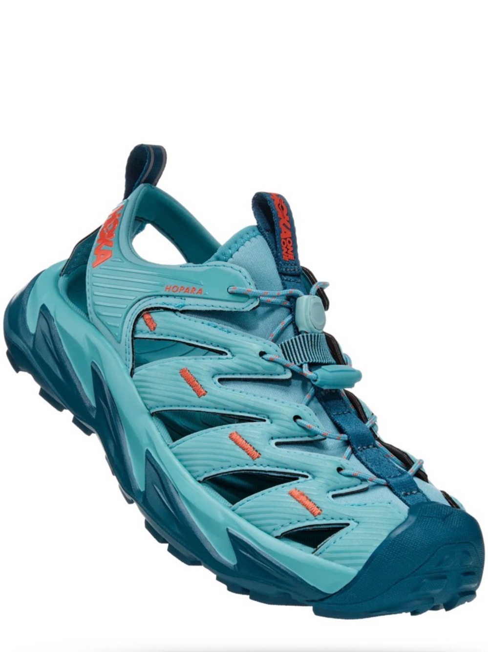 Hoka One One Hopara Water Shoe in Teal and Navy with Coral Accents